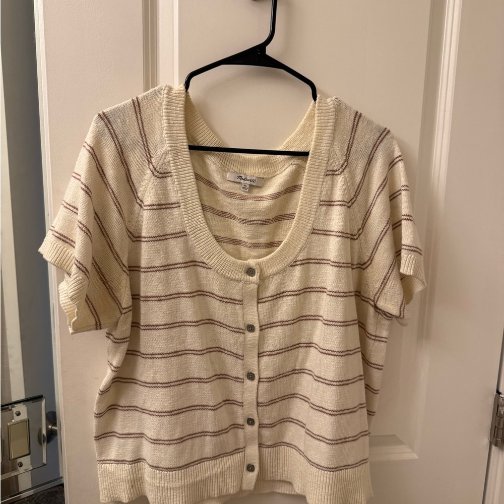 Madewell Cream and Brown Short Sleeve Striped Cardigan